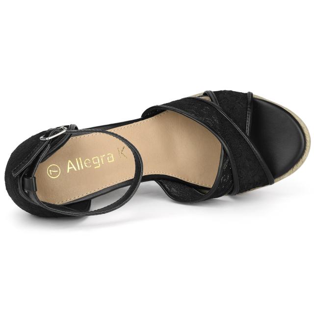 Allegra　K　ウェッジソール　サンダル　アンクルストラップ　エスパドリーユ　ウェッジヒール　レディース　ブラック　26.0　cmの通販は