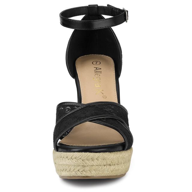 Allegra　K　ウェッジソール　サンダル　アンクルストラップ　エスパドリーユ　ウェッジヒール　レディース　ブラック　27.0cmの通販は
