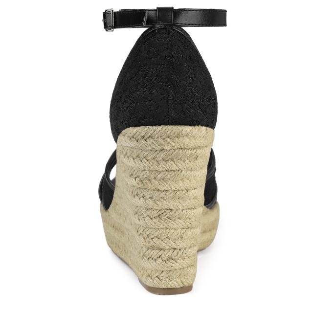 Allegra　K　ウェッジソール　サンダル　アンクルストラップ　エスパドリーユ　ウェッジヒール　レディース　ブラック　27.0cmの通販は