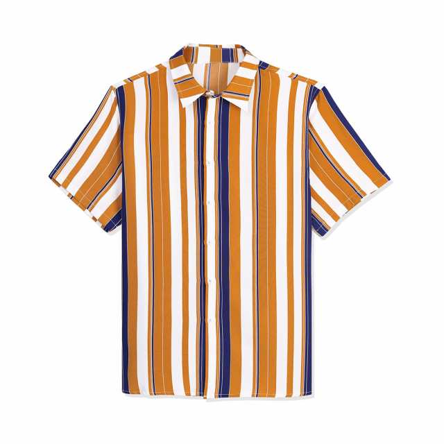 Lars　Amadeus　ストライプシャツ　半袖　ボタンダウンシャツ　襟付き　ビーチ　夏　メンズ　ホワイトオレンジ　L｜au PAY マーケット