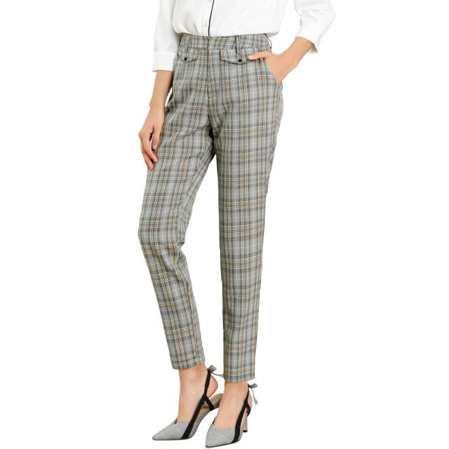 Allegra K タータンチェック パンツ チェック柄 オフィス ハイウエスト ストレート クロップド レディース ブラウングレーチェの通販はau Pay マーケット スリーレックス