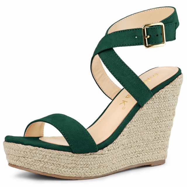 Allegra　K　ウェッジヒール　サンダル　スリングバック　クロス　エスパドリーユ　ハイヒール　レディース　グリーン　27.0cmの通販は