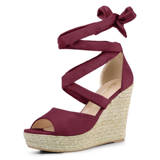 Allegra　K　ウェッジサンダル　レースアップ　エスパドリーユ　レディース　ブルゴーニュ　24.5　cmの通販は