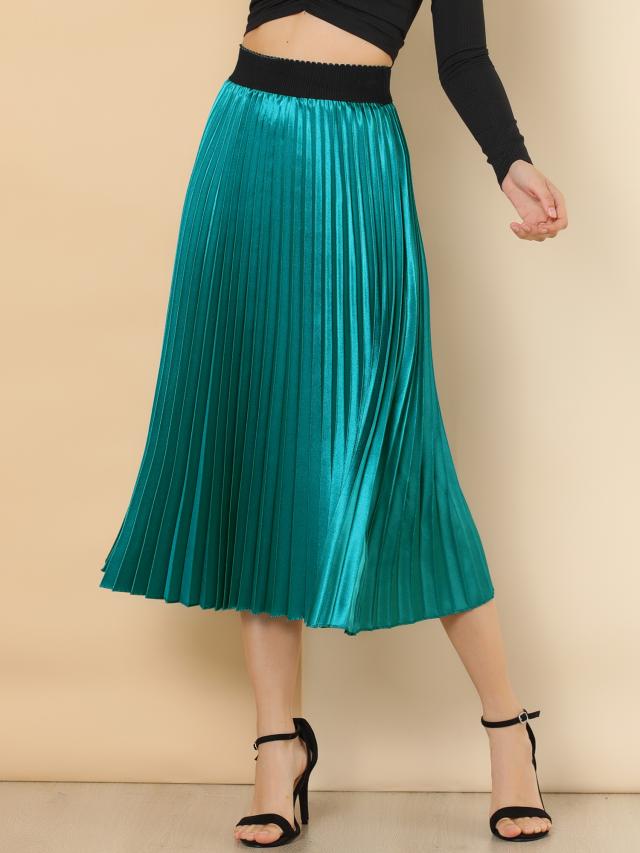 Allegra K メタリック プリーツスカート アコーディオン ミディ 伸縮性 ウエストゴム レディース ピーコックブルー Lの通販はau Pay マーケット スリーレックス