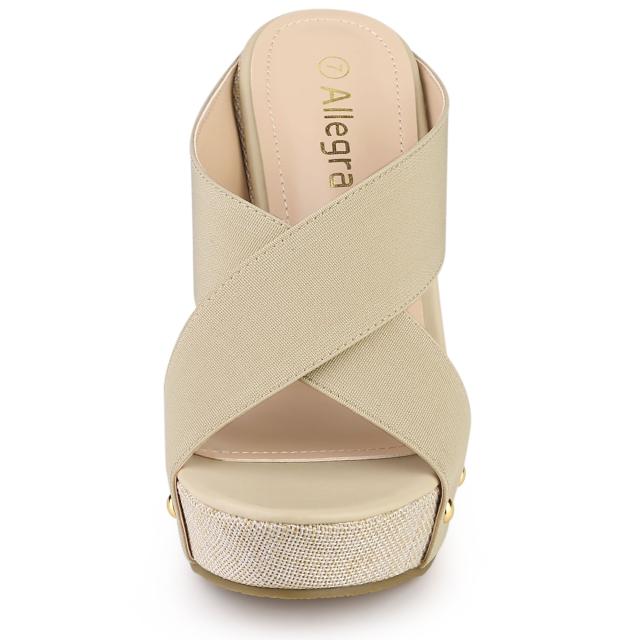 Allegra　K　サンダル　レディース　オープントゥ　リネンプラットフォーム　スライドウェッジヒール　ベージュ　26.5　cmの通販は