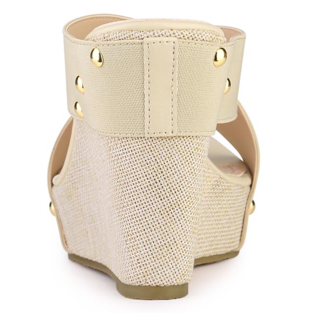 Allegra　K　サンダル　レディース　オープントゥ　リネンプラットフォーム　スライドウェッジヒール　ベージュ　26.5　cmの通販は