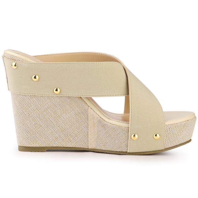 Allegra　K　サンダル　レディース　オープントゥ　リネンプラットフォーム　スライドウェッジヒール　ベージュ　26.5　cmの通販は