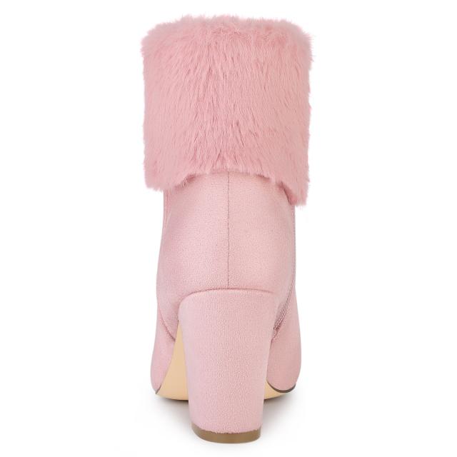 Allegra K アンクルブーツ フェイクファー ラウンドトゥ ブロックヒール スノー レディース ピンク 22.5 cmの通販は