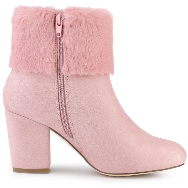 Allegra K アンクルブーツ フェイクファー ラウンドトゥ ブロックヒール スノー レディース ピンク 22.5 cmの通販は