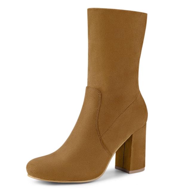 Allegra　K　アンクルブーツ　折りたたみ　ブロックヒール　ストレッチ　レディース　ブラウン　24.0cmの通販は