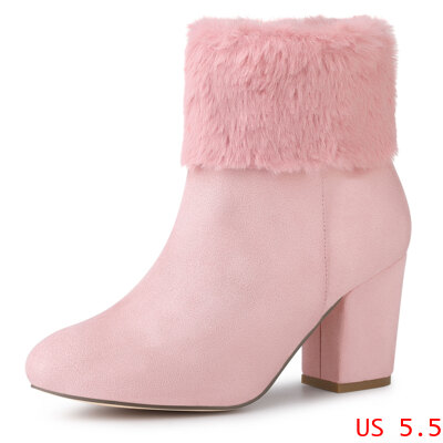 Allegra K アンクルブーツ フェイクファー ラウンドトゥ ブロックヒール スノー レディース ピンク 22.5 cmの通販は