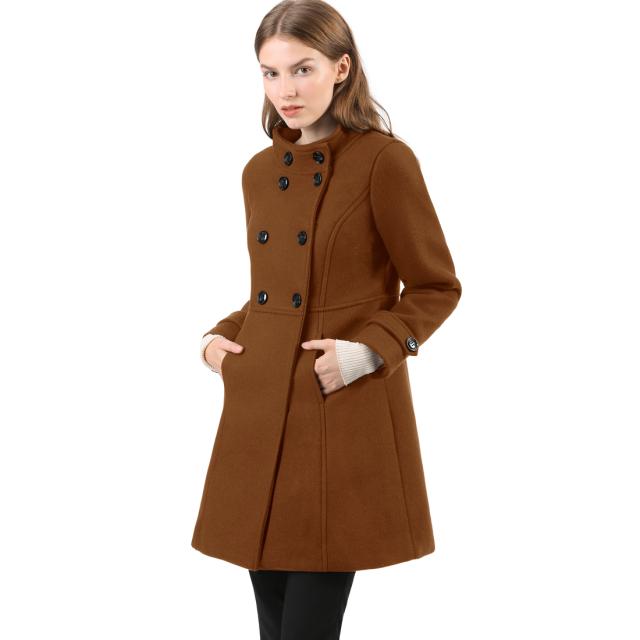Allegra　K　ラシャコート　Aライン　スタンドカラー　ダブルブレスト　長袖　防寒　秋冬　レディース　ディープブラウン　L 7,023円