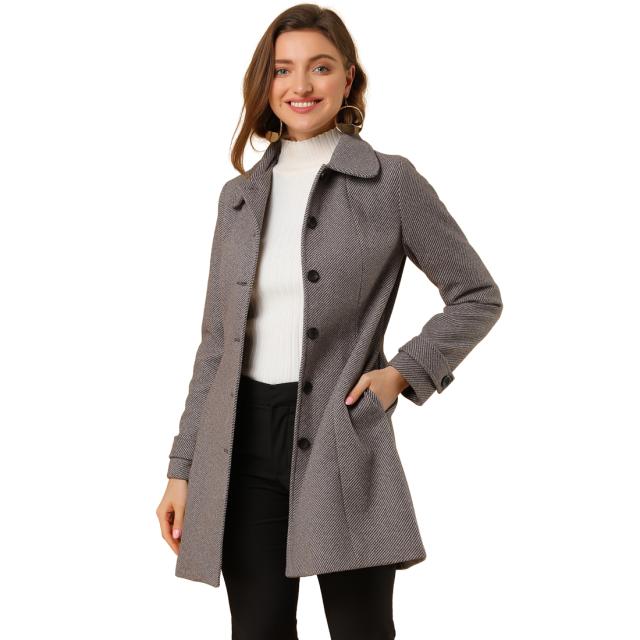 Allegra　K　丸襟　ロングコート　オーバーコート　チェスターコート　アウター　防寒　冬用　ストライプ　レディース　ライトブラウン　Mの通販は