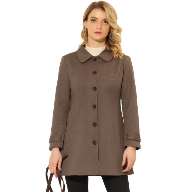 Allegra K 丸襟 ロングコート オーバーコート チェスターコート アウター 防寒 冬用 ストライプ レディース コーヒー色 XS