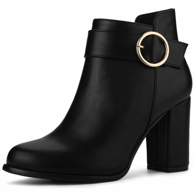 Allegra　K　アンクルブーツ　ブーティ　丸バックル　チャンキーハイヒール　ラウンドトゥ　レディース　ブラック　26.5　cmの通販は