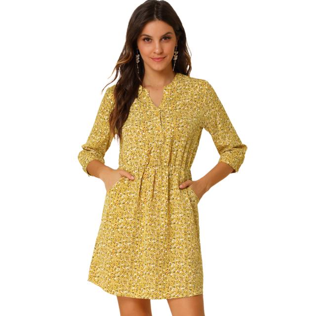 Allegra K 花柄ワンピース Vネック 七分袖 シャツワンピース ポケット付き 夏 レディース マスタード Mの通販はau Pay マーケット スリーレックス