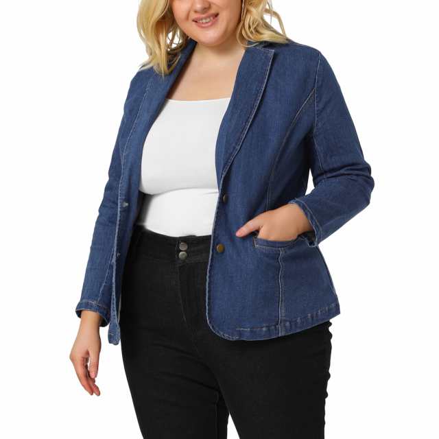 Agnes Orinda ブレザー プラスサイズ デニムジャケット エレガント ジャンラペル ワーク レディース ブルー XLの通販は