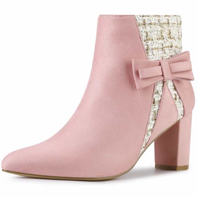 Allegra　K　アンクルブーツ　タータン　チェック柄　格子縞　ポインテッドトゥ　ブロックヒール　レディース　ピンク　25.5　cm 4,831円