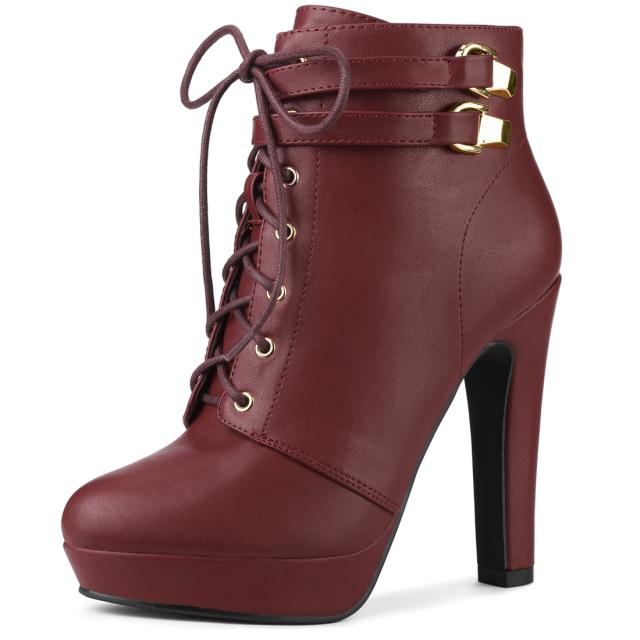 Allegra　K　レースアップ　アンクルブーツ　プラットフォーム　ブロックヒール　レディース　ブルゴーニュ　26.5　cmの通販は 5,997円