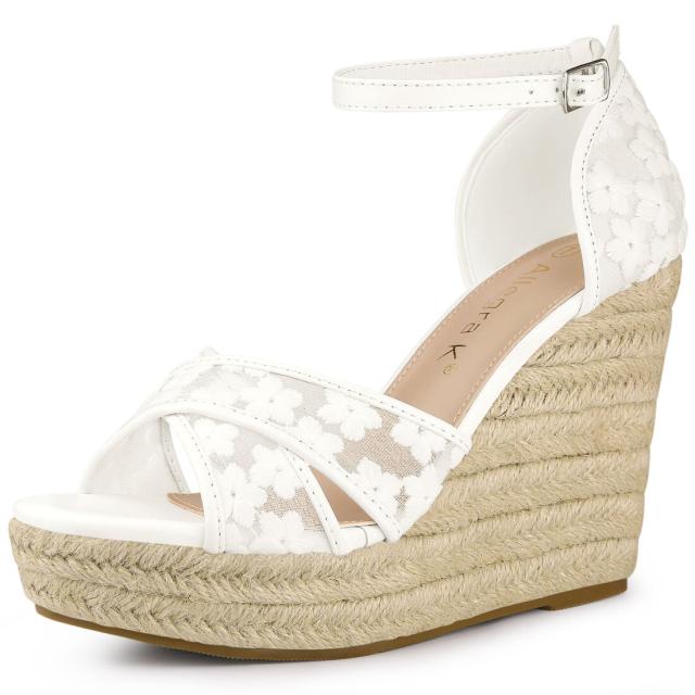 Allegra　K　ウェッジソール　サンダル　アンクルストラップ　エスパドリーユ　ウェッジヒール　レディース　白色　27.0　cmの通販は