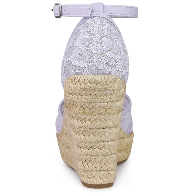 Allegra　K　ウェッジソール　サンダル　アンクルストラップ　エスパドリーユ　ウェッジヒール　レディース　パープル花柄　26.0　cmの通販は
