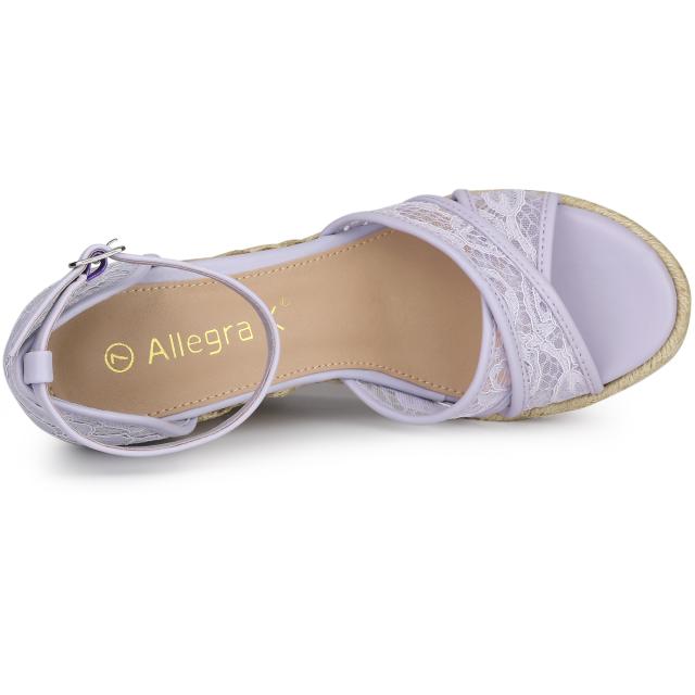 Allegra　K　ウェッジソール　サンダル　アンクルストラップ　エスパドリーユ　ウェッジヒール　レディース　パープル花柄　26.0　cmの通販は