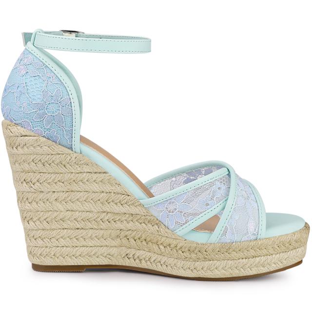 Allegra　K　ウェッジソール　サンダル　アンクルストラップ　エスパドリーユ　ウェッジヒール　レディース　ブルー花柄　25.5　cmの通販は