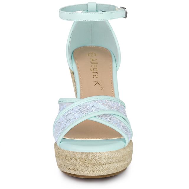 Allegra　K　ウェッジソール　サンダル　アンクルストラップ　エスパドリーユ　ウェッジヒール　レディース　ブルー花柄　27.0　cmの通販は