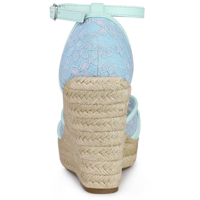 Allegra　K　ウェッジソール　サンダル　アンクルストラップ　エスパドリーユ　ウェッジヒール　レディース　ブルー花柄　27.0　cmの通販は