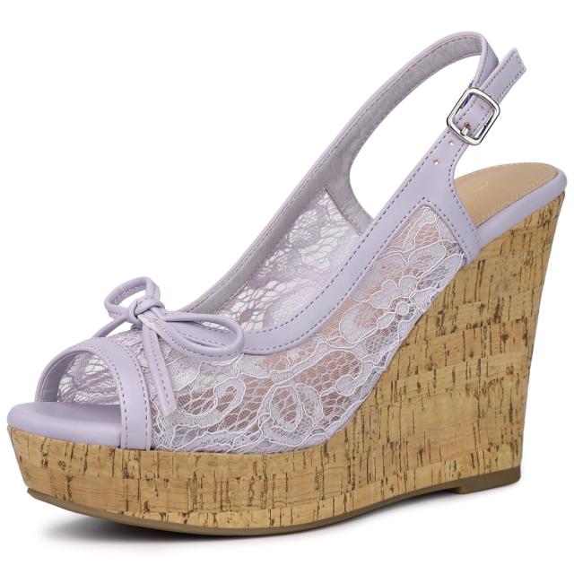 Allegra　K　ボウ　レース　ウェッジソール　サンダル　プラットフォーム　木製ヒール　レディース　パープル　花柄　27.0cmの通販は 5,376円