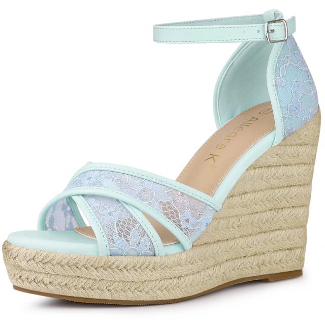 Allegra　K　ウェッジソール　サンダル　アンクルストラップ　エスパドリーユ　ウェッジヒール　レディース　ブルー花柄　27.0　cmの通販はその他サンダル