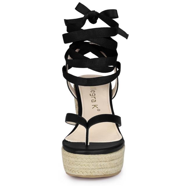 Allegra　K　フリップフロップサンダル　エスパドリーユ　プラットフォームウェッジレースアップサンダル　レディース　ブラック　24.0cmの通販は