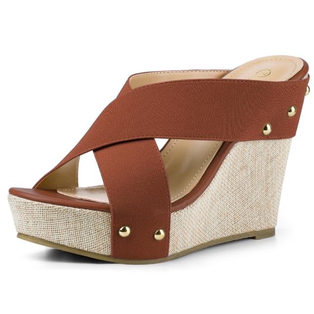 Allegra K サンダル レディース オープントゥ リネンプラットフォーム スライドウェッジヒール ブラウン 26.5 cmの通販は