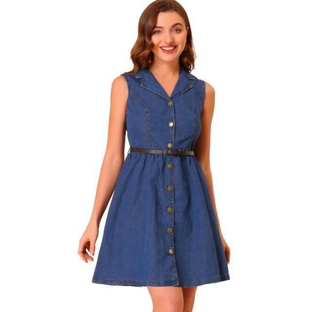 Allegra K デニムシャツワンピース ドレス ボタンアップ Aライン ノースリーブ ベルト付 レディース ブルー XLの通販は 4,730円