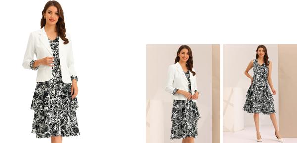 Allegra K ジャケット ドレス ワンピース ワーク ボウプリント 2枚セット シフォン Vネック コントラストパネル レディース ホワイト M 5,860円