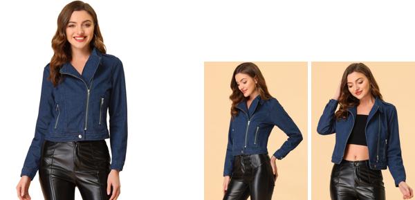 Allegra K デニムジャケット ショート 長袖 ノッチドラペル レディース ダークブルー Mの通販は