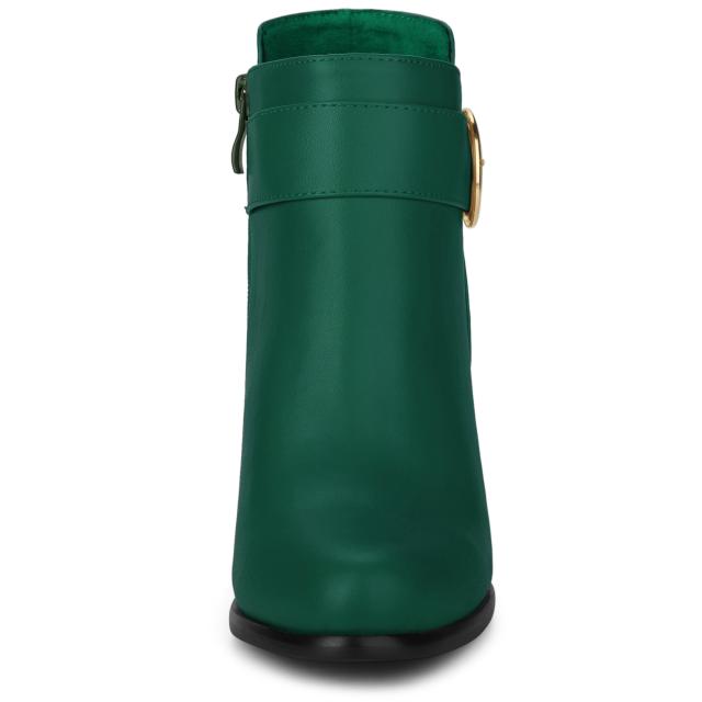 Allegra K アンクルブーツ ブーティ 丸バックル チャンキーハイヒール ラウンドトゥ レディース グリーン 25.0 cmの通販は