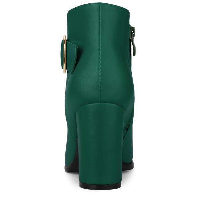 Allegra K アンクルブーツ ブーティ 丸バックル チャンキーハイヒール ラウンドトゥ レディース グリーン 25.0 cmの通販は