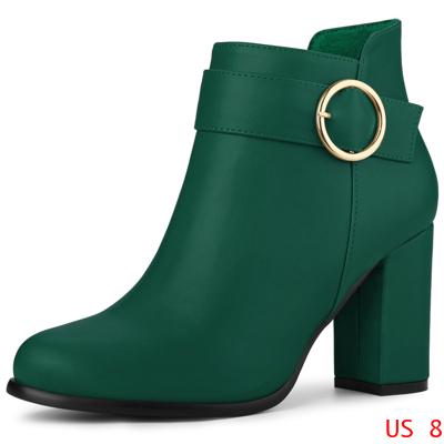 Allegra K アンクルブーツ ブーティ 丸バックル チャンキーハイヒール ラウンドトゥ レディース グリーン 25.0 cmの通販はヒールスニーカー