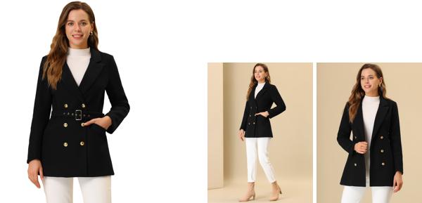 Allegra K ピーコート 長袖 ウィンター アウトウェア ベルト付き ノッチ付き ラペル ダブルブレスト レディース ブラック L 6,404円