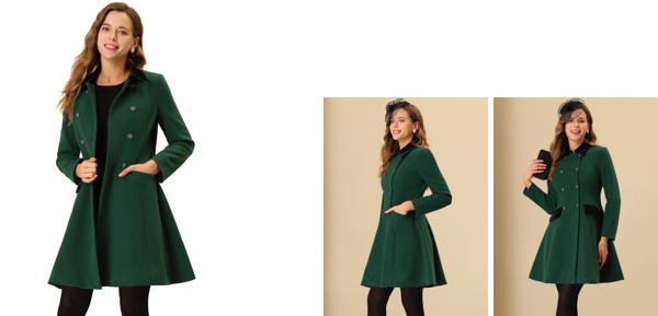 Allegra K オーバーコート シングルブレスト ピーコート ボタン ベルベット コントラストカラー レディース ダークグリーン XSの通販は