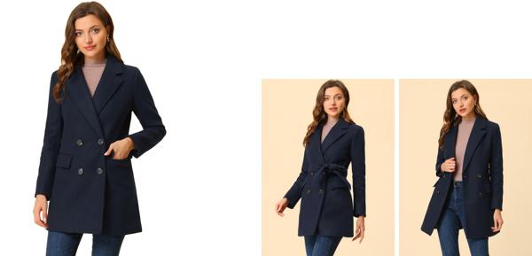 Allegra K トレンチコート ピーコート アウター ダブルブレスト ベルト付き ポケット レディース ネイビーブルー XLの通販は 8,933円