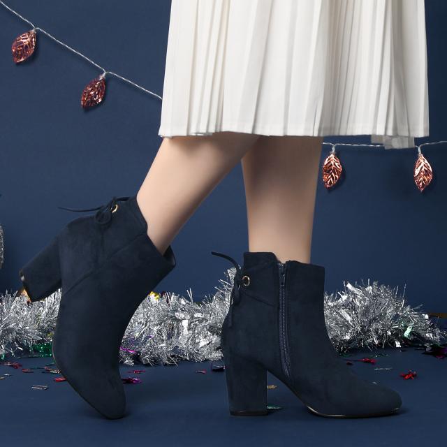 Perphy チャンキーヒールブーティ アンクルブーツ 丸いつま先 レディース ネイビーブルー 25.5cmの通販は 5,068円