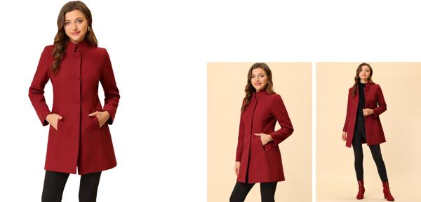 Allegra K オーバーコート ロングコート ミドル丈 スタンド襟 シングルブレスト エレガント 冬 レディース レッド Mの通販は