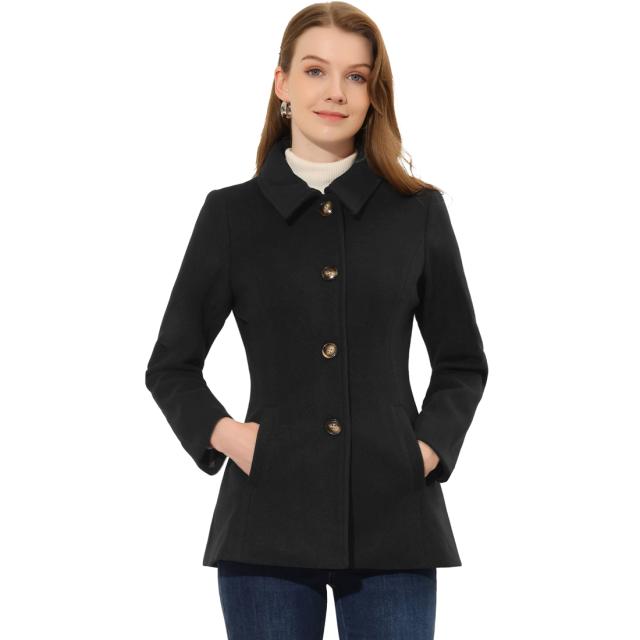 Allegra K オーバーコート ピーコート 襟付き シングルブレスト 冬 レディース女性のオーバーコート襟シングルブレストピーコート ブラック Sの通販は