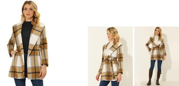 Allegra K チェック柄コート ラップコート アウター ショールカラー ベルト付き 冬 レディース カーキー XL 7,806円