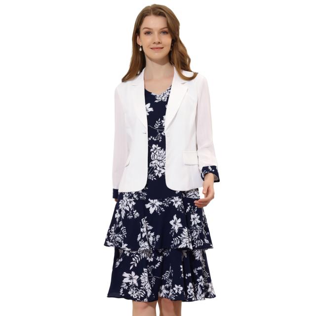 Allegra K ジャケット ドレス ワンピース ワーク ボウプリント 2枚セット シフォン Vネック コントラストパネル レディース ブルー XSの通販は 5,275円