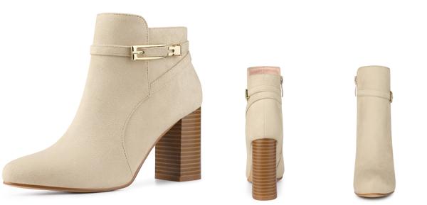 Allegra K アンクルブーツ ブーティ ラウンド トゥ バックル チャンキー ヒール レディース ベージュ 24.0 cmの通販は