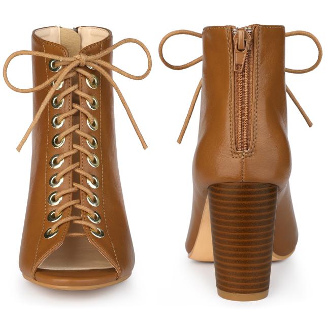 Perphy チャンキーヒールブーティ アンクルブーツ のぞき見つま先レースアップ レディース ブラウン 25.0cm 5,247円