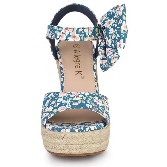 Allegra K ウェッジサンダル 花柄 プラットフォーム ウェッジヒール レディース ブルー 23.5 cmの通販は